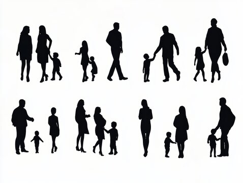 Black and White Family Silhouettes Interaction Outline Illustration