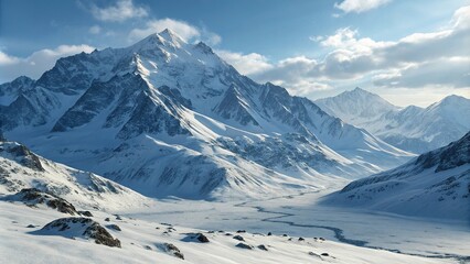 Naklejka premium Snow-covered mountains meet the sky, serene lake, peaceful valley, snowfall, snowy terrain, frozen landscape