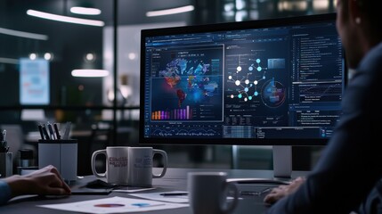 Fototapeta premium An office scene with colleagues discussing a market research report displayed on a large monitor,