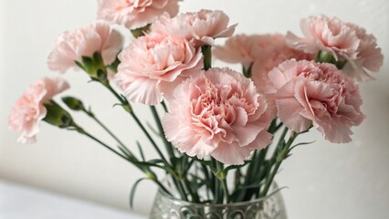 Soft focus on a cluster of pale pink carnations with delicate ruffled petals, delicate petals, carnation flowers