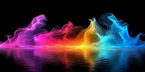Fototapeta premium Vibrant Neon Light Swirls in Water Reflection on Black Background