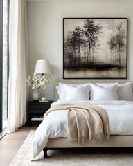 Minimalist Bedroom Design with Large Bed and Abstract Art