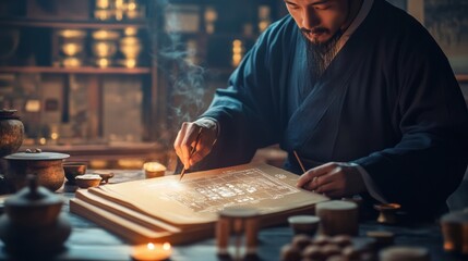 Chinese medicine practitioner utilizing AI diagnostic tools, blending traditional pulse diagnosis with advanced predictive analytics