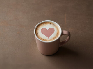 Powder pink delicate background with a coffee cup with a heart.A festive love-themed card for a cozy and romantic setting.