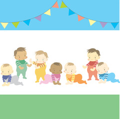 Multiracial babies standing, sitting, and entering