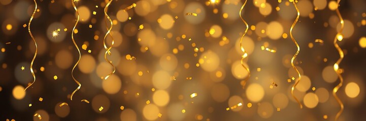 Sparkling golden confetti suspended in mid-air against a soft focus backdrop, festive atmosphere, gold confetti, colorful accents