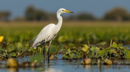 Obraz premium Serene Heron in Pastel Waters - Graceful Bird Standing in Soft Blue and Green Surroundings
