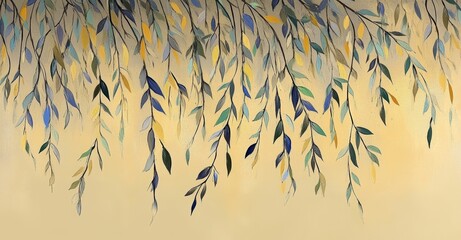 Green and Orange Vines on Watercolor Background Textured Art for Interior Wallpaper Design