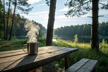 Steam rising from a metal mug on a wooden table in a serene forest environment, steam, table, forest, mug, trees