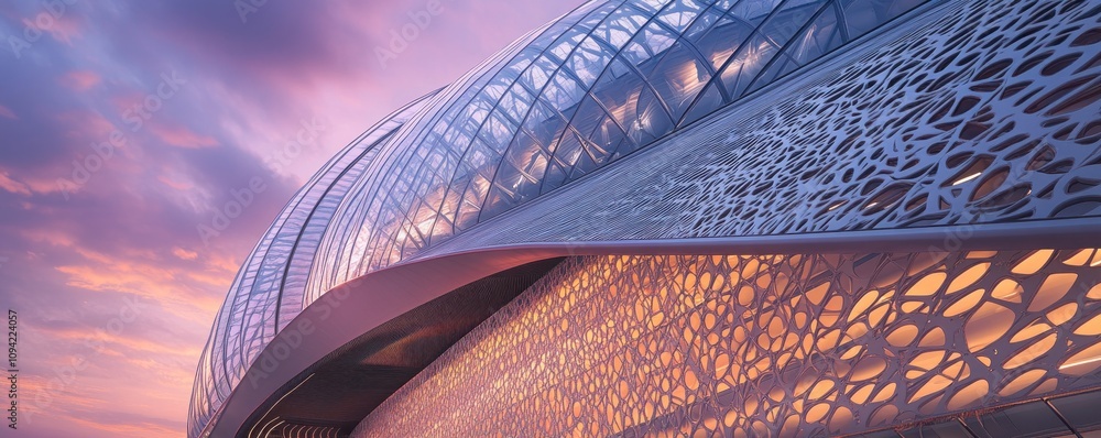 Poster a modern architectural structure with intricate patterns and vibrant lighting at sunset.