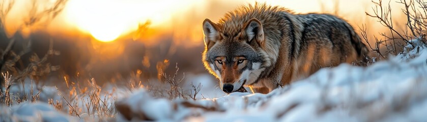 Obraz premium outdoor activities, kayaking. Photographer capturing a lone wolf during sunrise in snowy terrain, a blend of artistry and adventure, outdoor wildlife, raw natural beauty