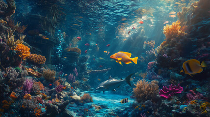 Fototapeta premium A vibrant coral reef with tropical fish in a serene underwater scene