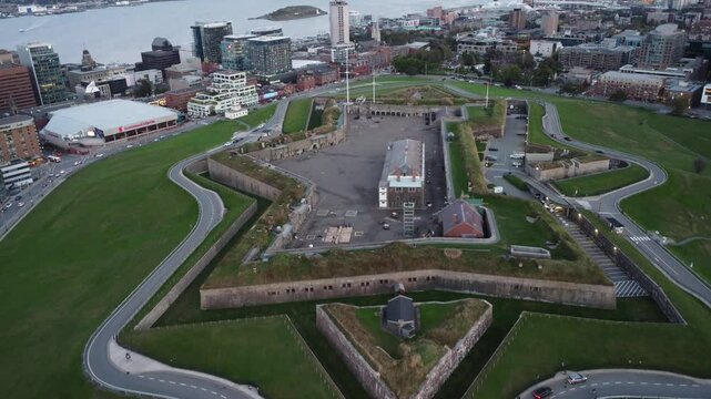 Aerial view of Citadel Hill and surrounding area at sunset: This aerial shot captures a stunning view of Citadel Hill and surrounding area at sunset in Halifax, Canada.