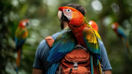 Obraz premium outdoor activities, kayaking. Birdwatcher observing colorful parrots in a tropical forest, blending patience and nature, wildlife outdoors, focused exploration