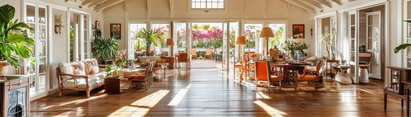 Obraz premium Bright and airy interior with plants and furniture, designed for relaxation and socializing.