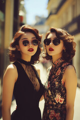 Photographs of women styled in the 1940s-50s taken on the streets of American cities. AI generative.