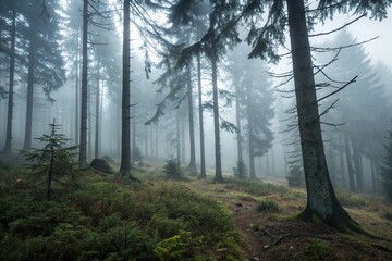 Naklejka premium The ground is covered in a thick layer of fog and undergrowth in a dark spruce forest, undergrowth, overcast sky, dense foliage