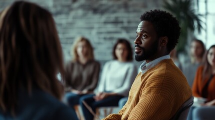 Obraz premium Social work support scene with a professional addressing a group, offering guidance and encouragement