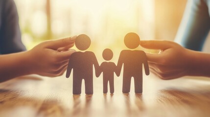 Social worker assisting foster care support, helping a child transition to a new family in a calm and supportive environment