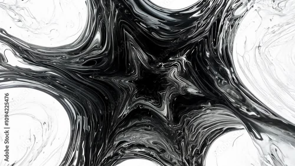 Poster camera rushes forward as monochrome liquid splashes and explodes in stark black and white, forming i