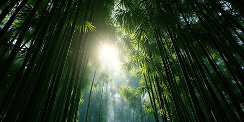 Fototapeta premium The sunlight filters through the dense foliage of a lush bamboo forest, calm, light