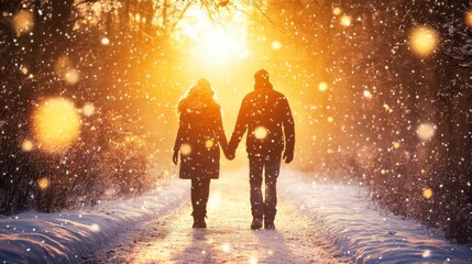 Romantic Stroll on a Snowy Twilight Trail