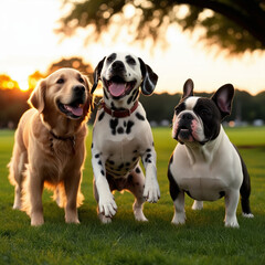 Obraz premium Golden Retriever, Dalmatian, and Bulldog in a Sunset Chase