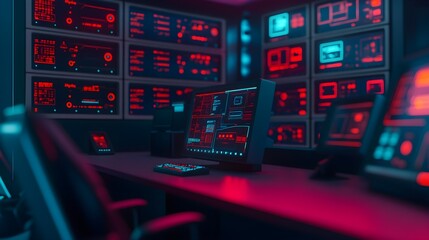 Futuristic Control Room with Computer and Monitors