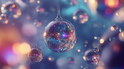Glass spheres reflecting vibrant galaxies, suspended in a void