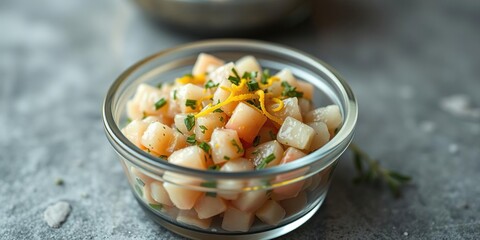 Tuna mix in a small glass container with lemon zest and chopped herbs, herb, sauce,