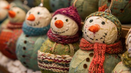 Fototapeta premium Snowmen: Playful snow creations with coal eyes, carrot noses, and cozy scarves, bringing festive cheer and warmth to the frosty season. 