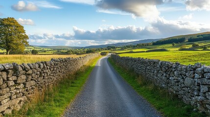 Obraz premium Country road lined with old stone walls, leading to unknown, ancient lands, Historic Road, Timeless Exploration