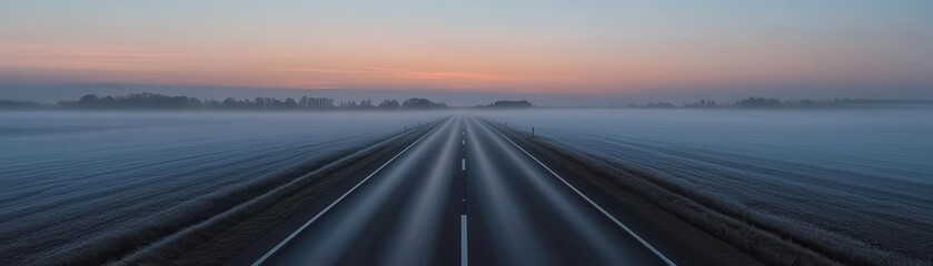 Fototapeta premium Empty highway stretching into a misty horizon at dawn, creating a sense of anticipation and mystery, Misty Highway, Morning Journey