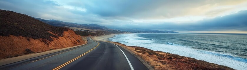Obraz premium Endless coastal highway with ocean waves crashing beside, capturing the serenity of a seaside journey, Coastal Highway, Oceanic Exploration