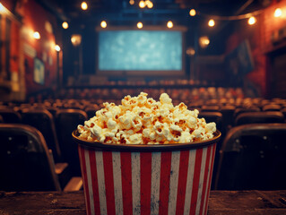 freshly popped popcorn in a cinema. AI generative.