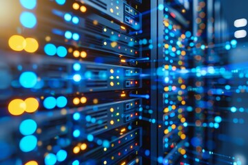 Modern network server rack displaying organized high tech equipment with switches and cables