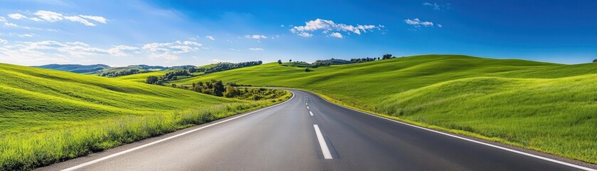 Endless highway stretching through rolling green hills under a bright blue sky, capturing the essence of open-road freedom, Countryside Highway, Pastoral Adventure