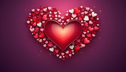 Colorful heart made of various smaller hearts on a gradient purple background