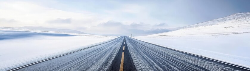 Fototapeta premium Endless highway through a snow-covered landscape, evoking the solitude and beauty of a winter journey, Winter Highway, Icy Exploration