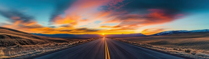Highway disappearing into a vibrant sunset, symbolizing the end of one journey and the beginning of another, Sunset Highway, Golden Journey
