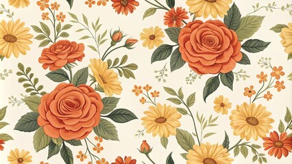 vintage-inspired floral pattern featuring a mix of orange roses and yellow daisies in a nostalgic design, floral motifs, botanical prints, vintage floral patterns, classic blooms, garden flowers