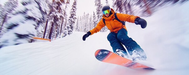 outdoor activities, mountain biking. A snowboarder riding through a dense forest trail, capturing a high-speed adrenaline rush
