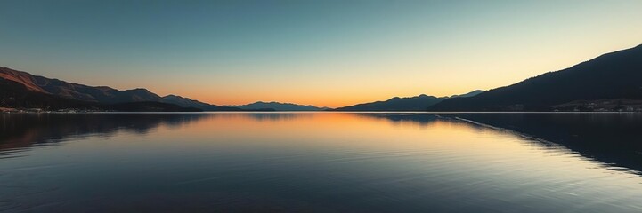 Fototapeta premium Vistas of crystal clear lake at dawn, water reflection, soft focus effect, dawn light