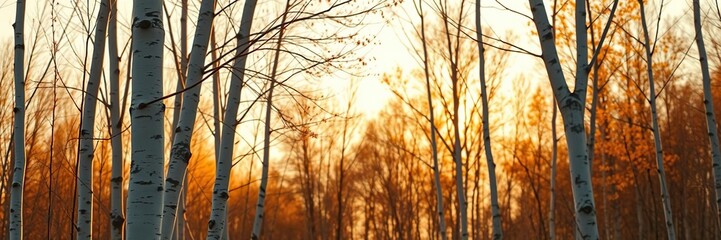 Obraz premium Warm tones and golden hues on birch trees, sunset atmosphere, golden colors