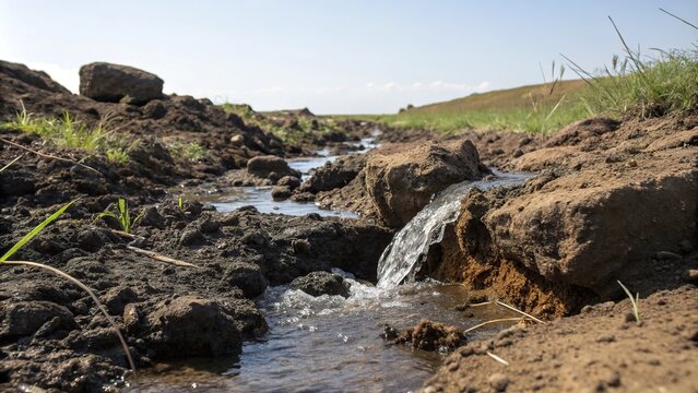 Water seeping into the soil and passing through rocky outcrops, rock, groundwater, infiltration