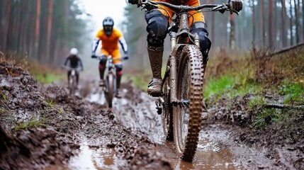 outdoor activities, mountain biking. Off-road bikers riding through muddy forest trails, intense and thrilling outdoor sport