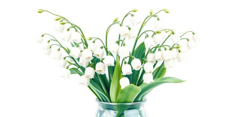Watercolor illustration of a vase filled with small white lily of the valley flowers, flower arrangement, flower arrangement, garden detail