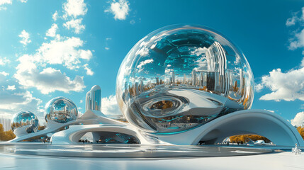 360 degree panorama view.A futuristic 3D sphere, shown in a panoramic view, looks like a technological architectural design.