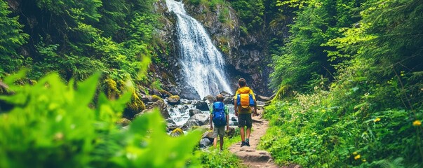outdoor activities, mountain biking. Young explorers discovering a hidden waterfall along a forest trail, vibrant and adventurous scene