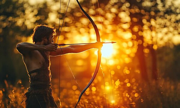 Archer aiming at sunset in a grassy field.